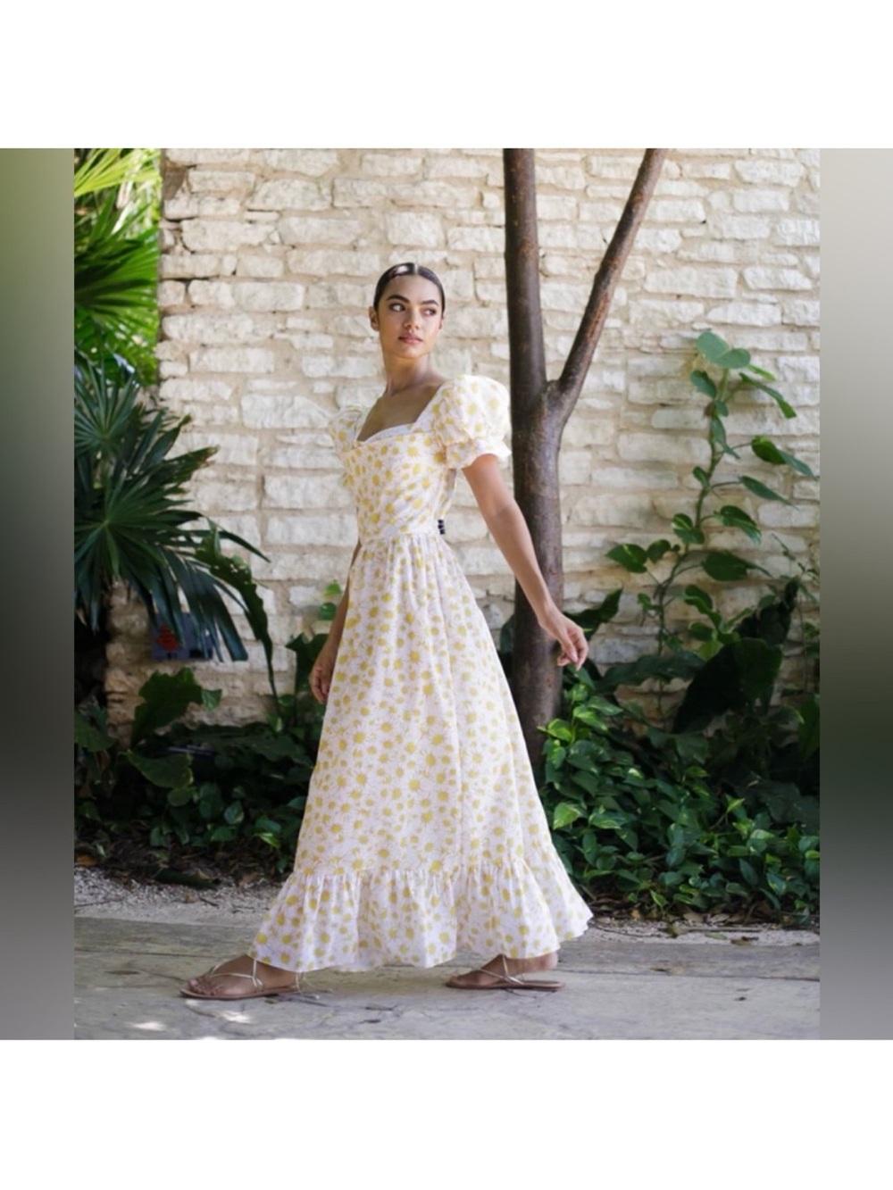 EUC Damaris Bailey Yellow Floral Puff-Sleeve Maxi Dress